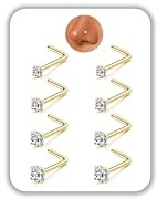 LOYALLOOK 8PCS 14K Gold Plated Nose Rings Studs Titanium Nose Rings 20G L-Shape CZ Nose Ring Nose Studs Hypoallergenic Nose Piercing Jewelry 1.5mm 2mm 2.5mm 3mm