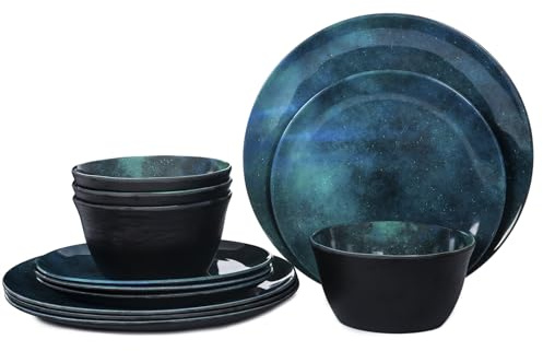 Yummost Set di stoviglie in melamina per 4, set da 12 piatti e ciotole per uso quotidiano, lavabile in lavastoviglie, senza BPA, verde acqua