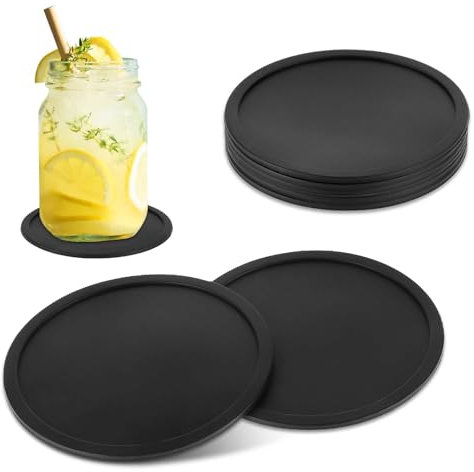 Lusofie Coasters Set of 6, Silicone Coasters Round Cup Coaster, Heat Resistant Non Slip Black Coaster for Drinks Table Desk Office Kitchen Bar Furniture Protection(9cm/3.54in)
