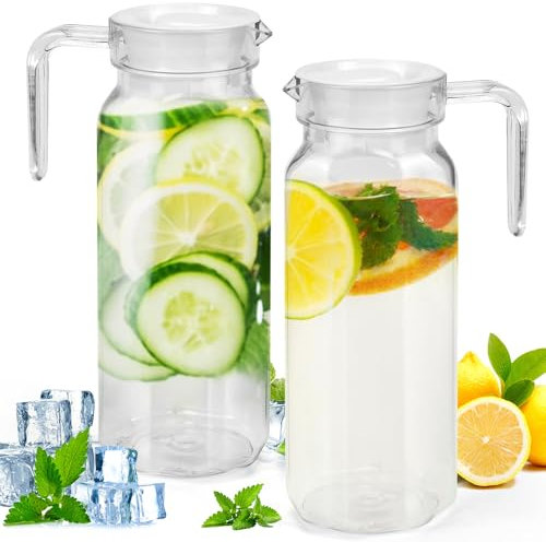 MININUSI 2 PCS Carafe d'Eau Transparente 1.1L, Pichet Eau Plastique avec Couvercle, Carafe Thé Glacé, Carafe Infusion à Froid, Bouteille Carafe Eau pour Café, Boissons, Jus de Fruits, Thé, Lait, Vin