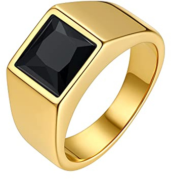 Bestyle Anillo Hombre Oro Anillo de Sello Mujer Anillos Sello Cuadrado Anillo con Cristal Negro Anillos Acero Inoxidable Mujer Dorado Tamaño 14.5