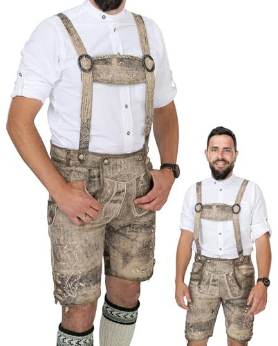 Schöneberger Trachten Couture Herren Lederhose kurz Antik mit Hosenträger, Trachtenlederhose für Oktoberfest, Original Nubuk-Leder Trachtenhose grau-braun Stephan (46)