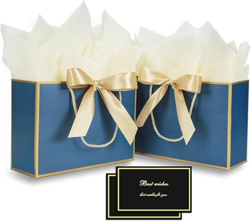 FLUETOOD Bolsas de Regalo, 2 Bolsas de Regalo de Cumpleaños con 2 lazos, 2 Tarjeta de Felicitación y 4 pañuelos, bolsas de papel de cumpleaños para Celebración, Fiesta, Boda