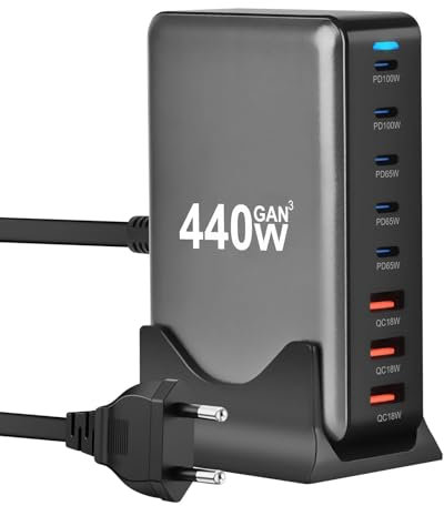 440W USB C Cargador múltiple, 8 Puertos USB Cargador rápido USB estación de Carga con 5 USB-C y 3 USB-A Cargadores PD PPS 100W USB C Fuente de alimentación para MacBook Pro/Air,iPad Pro/Air,Sumsung