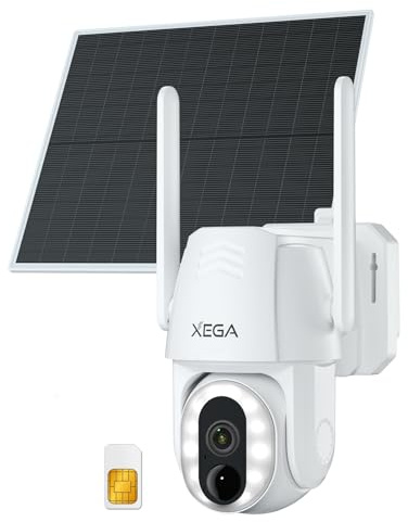 Xega 4G Telecamera Esterna Solare con SIM, Visione Notturna a Colori 500 Lumens, Rilevamento Umano/Movimento, Audio Bidirezionale, Rotazione 350°/90°, IP66, Senza WiFi