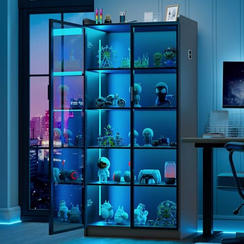Lvifur Vitrina LED Buffet, aparador, 35 × 70 × 165 cm, armario inteligente RGB 20 colores, aparador regulable, con sensor inteligente, cómoda para salón (negro)