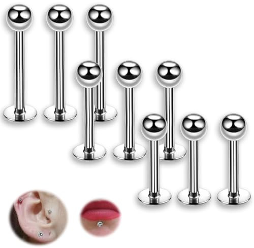 COYUN 9 Pcs Piercing Labio, Acero quirúrgico del Labio Piercing Stud de Longitud cartílago Tragus Helix Pendientes Piercings Labret Hilo Interno Piercings Joyería para Mujeres Hombres, esférico