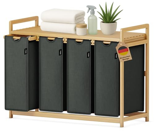 XMHome 198L Wäschekorb 4 fächer mit Einzelschicht-Regal – Robustes Bambusmaterial, Verdickte Struktur, Moderner Wäschesammler für Bad, Schlafzimmer & Waschküche Laundry Basket Dunkelgrau