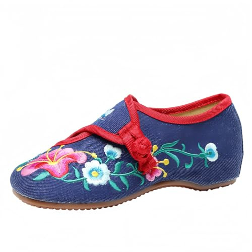 FQLGJMY Chinois pour Femmes brodé Plats Asiatique Traditionnelle Mary Jane Brida Ballet Yoga Chaussures avec Semelle en Caoutchouc Bouton Grenouille