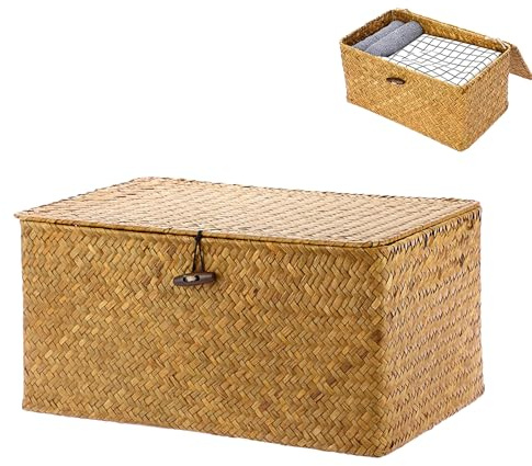 Cesto Portaoggetti in Rattan Intrecciato, Cestini Portaoggetti in Alghe Marine Intrecciate a Mano, Cesta in Vimini di Seagrass, per Bagno, Soggiorno, Cucina (M, Arancione)