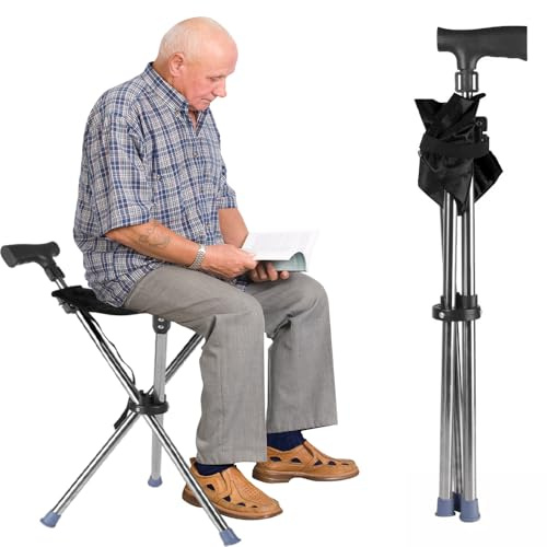 Folding Walking Stick Seat – Adjustable Aluminium Cane Chair with Built-In Seat for Elderly & Adults, Lightweight Portable Support Stool – Black
