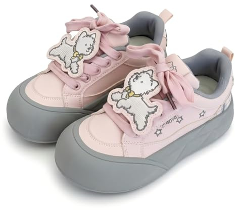 Women's Platform Sneakers Cartoon Puppy Embroidery School Walking Shoes Trendy Fashion Trainers Comfortable Low Top Creepers Stylish Casual Kicks (Pink,6.5)