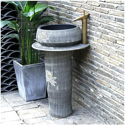 LQAIomn Vintage Ceramic Wash Basin Kaolin Clay Pedestal Sink Freestanding Bathroom Sink Retro Handcrafted Art Pedestal Lavatory Sink with Faucet and Drain Com(Without Mirror)