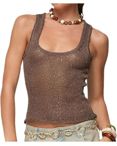 Women's Sparkling Sequins Tank Tops Sleeveless U Neck Glitter Slim Fit Vest Y2K Tops Party Rave Streetwear (Coffee, S)