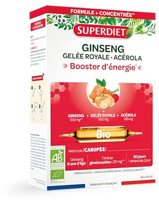 Ginseng Panax, Gelée royale, Acérola bio - booster énergie - Ampoules | Cure de 20 ampoules de 10ml - Défenses immunitaires, fatigue, tonus et vitalité - Fabrication française - Superdiet