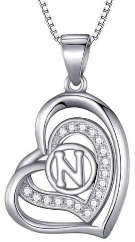 Morella Women's Necklace with Heart Pendant Letter N 925 Sterling Silver Rhodium Plated with Zirconia White in Velvet Bag
