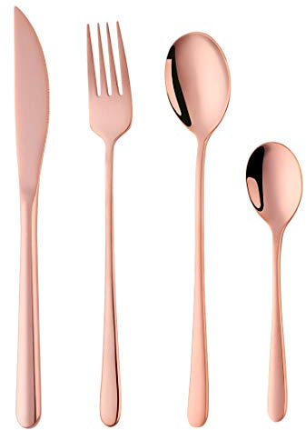 4-Pieces Rose Gold Camping Cutlery Set (Steak Knife, Table Fork, Long Spoon and Teaspoon) 304 Stainless Steel 18/10, Use for Home, Restaurant, Travel