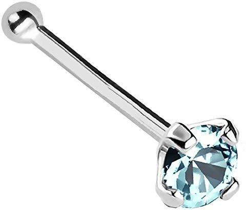 Jewelry Avalanche 22G Solid 14Kt Gold Nose Bone Stud with Prong Set real Aquamarine Gemstone, 14kt Yellow Gold or 14kt White Gold - March Birthstone Nose Ring-NBWG_AQM-2.5MM