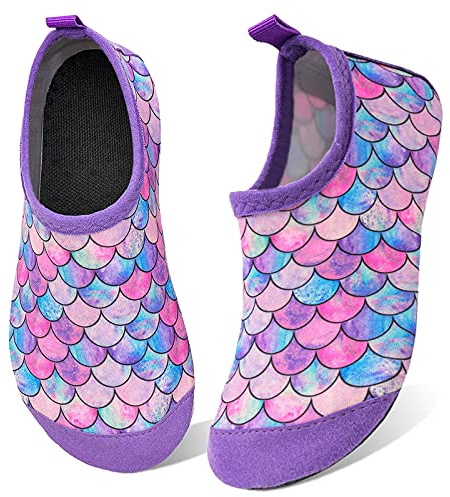 WateLves Kids Water Shoes Toddler Girls Boys Barefoot Non-Slip Quick Dry Aqua Socks for Beach Swim Walking (Fish Scale Purple, 28/29)