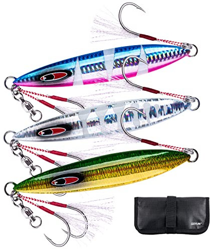 Goture Glow Slow Pitch Jigs mit tragbarer Jig-Tasche, Doppelhilfe-Haken, Angelblei, Salzwasser-Jigging-Köder für Thunfisch, Hundezahn, Bluefin, 3 Gewichte (100 g/150 g/250 g) und 250 g) und 3 g)
