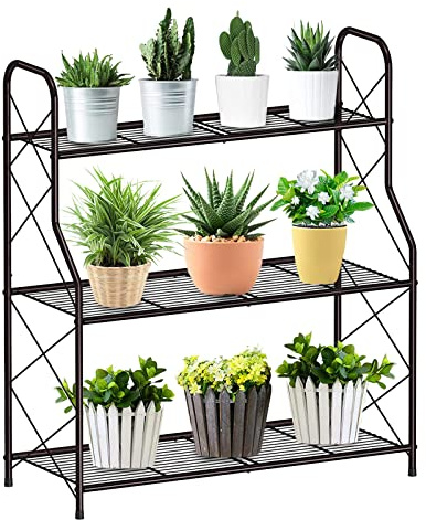 Mutool 3 Tier Metal Plant Stand, Ladder Shelf for Outdoor Indoor Plant, Corner Plant Shelf Ladder Planter for Garden Balcony & Patio, Bronze
