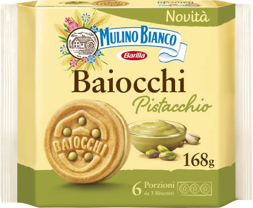 Mulino Bianco Biscotti Baiocchi al Pistacchio, Biscotti con Pistacchio e Pastafrolla Ideali per Colazione o Merenda, Senza Olio di Palma, 6 Porzioni da 3 Biscotti
