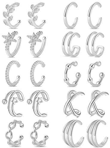 Tornito 4-10 Pairs Ear Cuff Helix Cartilage Clip On Wrap Earrings Fake Nose Ring Non-Piercing Adjustable (A7:10Pairs, Silver Tone)