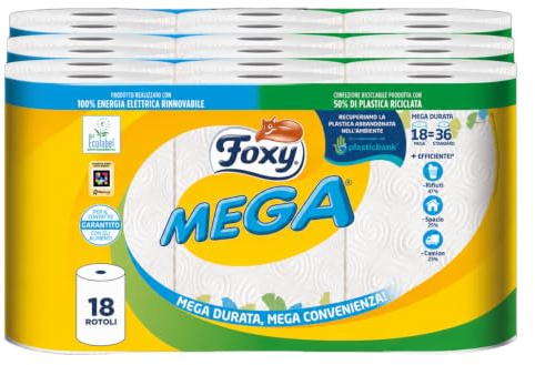 Foxy Mega | Asciugatutto Lunga Durata 18 Rotoli | 95 Strappi Per Rotolo | Decorato| Certificazione PEFC | Confezione Riciclabile Prodotta Con Plastica Riciclata