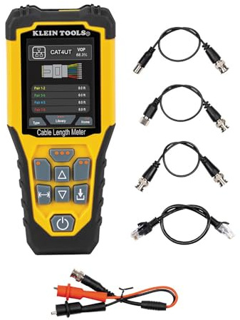 Klein Tools 501‑915 Kabellängenmessgerät | TDR-Technologie bis 3000 m | Für Koax-, Netzwerk- & Stromkabel | Fehlerortung | Farbdisplay | inkl. Testleitungen & Tasche