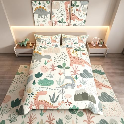 Homemissing Juego de ropa de cama con diseño de dinosaurio, funda de edredón de animales de la selva, funda de edredón para niños pequeños, rosa, gris, dinosaurio, funda de edredón con 1 funda de