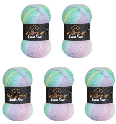 5 x 100g Wollbiene Batik Fine 500 Gramm Wolle mit Farbverlauf mehrfarbig Multicolor Strickwolle Häkelwolle (2010 grün rosa weiß pastell)