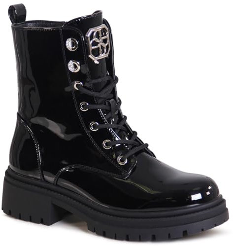 topschuhe24 3099 Damen Lack Stiefeletten Worker Biker Boots, Farbe:Schwarz, Größe:36 EU
