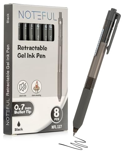NOTEFUL Retractable Silent Click Gel Pens For Journaling, Smooth Writing, Black Gel Ink Medium Point Pen (0.7 mm), Pack of 8