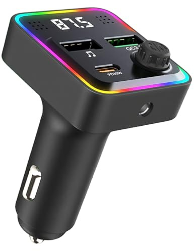 CCHKFEI Bluetooth 5.3 FM-sändare adapter bil, Bluetooth adapter, QC3.0, PD30W, snabbladdning, AUX, handsfree-system för bil, Bluetooth-sändare för bilradio