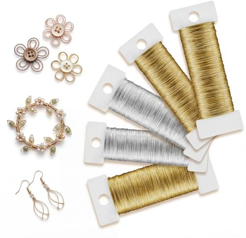 5 rollos de alambre de floristería plateado y dorado para hacer coronas, 0,3 mm x 50 m, cables de floristería para manualidades, alambre flexible para coronas, encuadernación floral, arreglos florales
