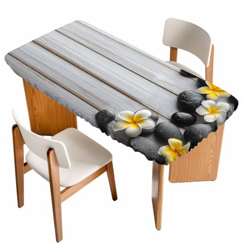 RisQiten Yellow Egg Flowers Table Cloths for 3 Foot Rectangle Tables, Plumeria Floral Stone Farmhouse Wooden Patio Waterproof Elastic Fitted Tablecloths, Washable Rectangular Table Cover for Camping