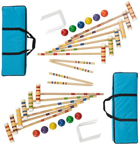 HEY! PLAY! Croquet Set - 2-Pack Wood Outdoor Sports Set with Carrying Case - Fun Vintage Backyard Games for Age 14 Years and Older - Up to 12 Players