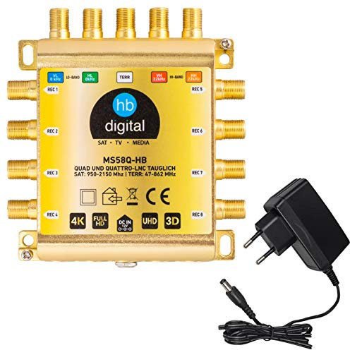 HB-DIGITAL DVB-S / S2 Multiswitch 5/8 Multiswitch Distributeur pour 1 SAT, 8 participants Récepteur Satellite Quad Quattro LNB Alimentation externe adaptée MS58Q-HB FullHD 4K UHD