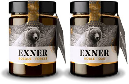 EXNER Miel Cruda 100% Raw Honey Artesana - 2 variedades ROBLE (450 gr) y BOSQUE (450 gr) - Naturaleza y Montaña, Pura, Sin filtrar, Sin pasteurizar, Sin gluten