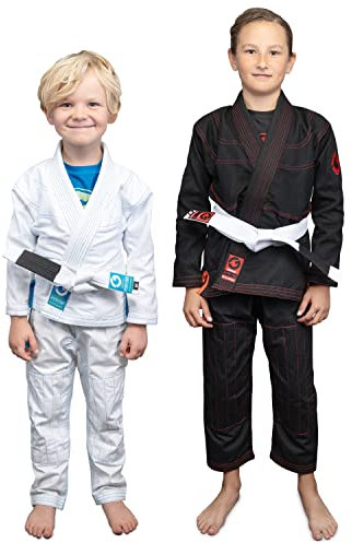 Gold BJJ Kids Jiu Jitsu Gi (weißer Gürtel inklusive) – Aeroweave, leichte Jugenduniform für Jungen und Mädchen, Schwarz, K1