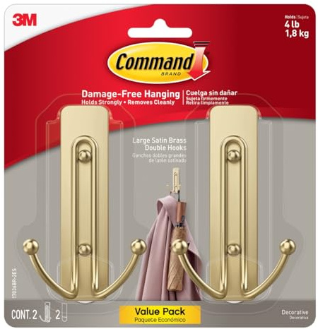 Command Large Satin Brass Double Hooks, 2 Hooks and 2 Strips, Damage-Free Wall Hook with Adhesive Strips, No Tools Coat Hook for Hanging Home Decor, Holds up to 4 lb
