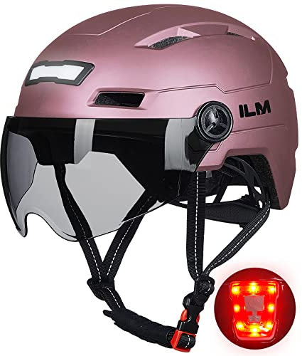 ILM Fahrradhelm mit Visier und LED Licht Mountain&Road Fahrradhelme für Damen und Herren Fahrradhelm für Pendeln in der Stadt E3-10L,Rosa S-M