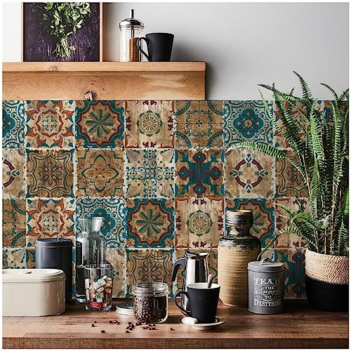 Piastrelle adesive marocchine per cucina, 24 pezzi, piastrelle autoadesive da parete, impermeabili, a prova di olio, vintage, mosaico artistico (20 x 20 cm, 20,3 x 20,3 cm) per scale (marrone)