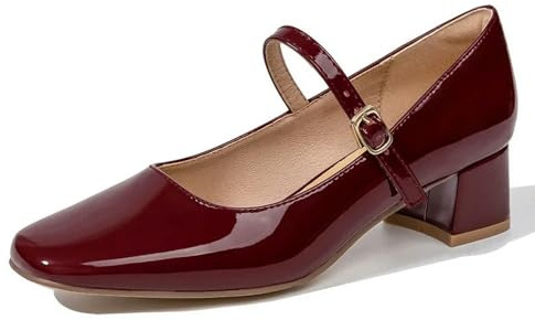 Mary Janes - Zapatos de vestir de piel con tacón bajo para mujer, color rojo y negro, puntera cuadrada, correa de hebilla poco profunda, zapatos para mujer