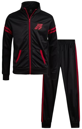 Pro Athlete Boys Tracksuit Set - 2 Piece Performance Tricot Zip Up Mock Neck Sweatshirt and Boys Joggers Track Pants, Size 8, Jet Black/Red