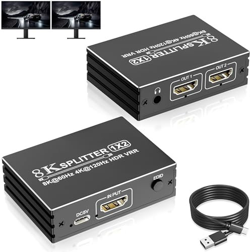 Splitter HDMI 2.1 8K @ 60 Hz 1 Entrée 2 Sorties, Répartiteur 1x2 Pour 1 Source Vers 2 Écrans, Double Moniteurs en HDR VRR Pour Xbox PS5/4/3 Roku TV