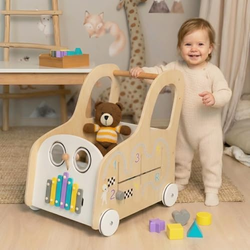 Girello Cateam per Bambini di Legno con ruote, Carrello Primi Passi Legno con 5 Giochi Interattivi e Cesto portaoggetti per giocattoli, Baby Walker Regalo per Bambini e Bambine 1 Anno