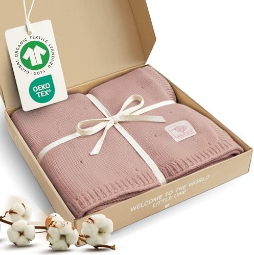 Merle Toys® Premium Babydecke Baumwolle, 100% Bio - GOTS & Oeko-TEX Zertifizierte Strickdecke, Baby Decke Neugeborenen, Kuscheldecke Baby, Blanket Newborn Cotton, Babydecke Bio Baumwolle, Rosa