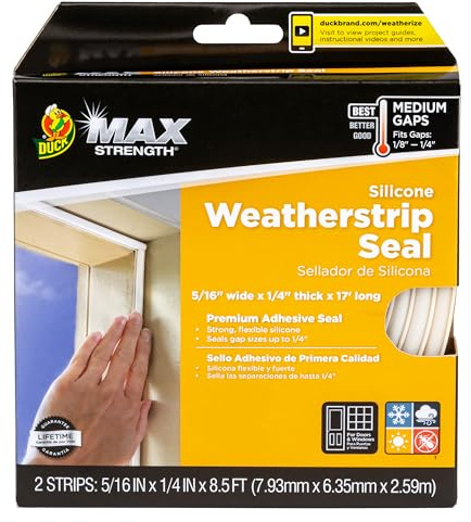 Duck Brand Max Strength Silicone Weatherstrip Seal for Doors and Windows, Self-Adhesive, Fits Medium Gaps from 1/8-1/4 Inches, .31 in. x .25 in. x 17 ft., White