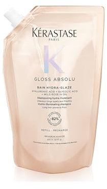 Kérastase Gloss Absolu Bain Hydra-Glaze, Shampoo für langes, zu Frizz neigendes Haar, Mit Hyaluronsäure, Glykolsäure und Wildrosenöl, Für intensiven Glanz & Volumen, 500ml